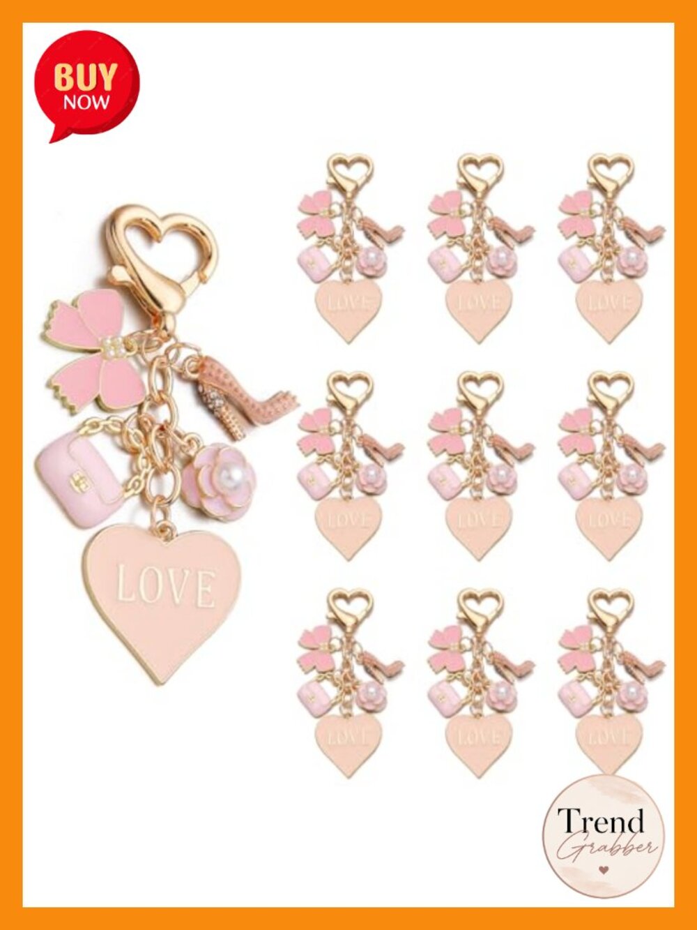 Zinc Alloy Heart Charm Keychain Set with Pearl Flower Butterfly Bow Handbag
